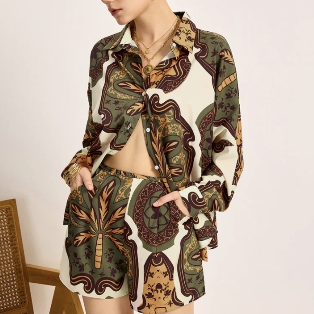Commense Button-Up Shirt & 2-PC Shorts Set - Olive Green Brown M NWT
